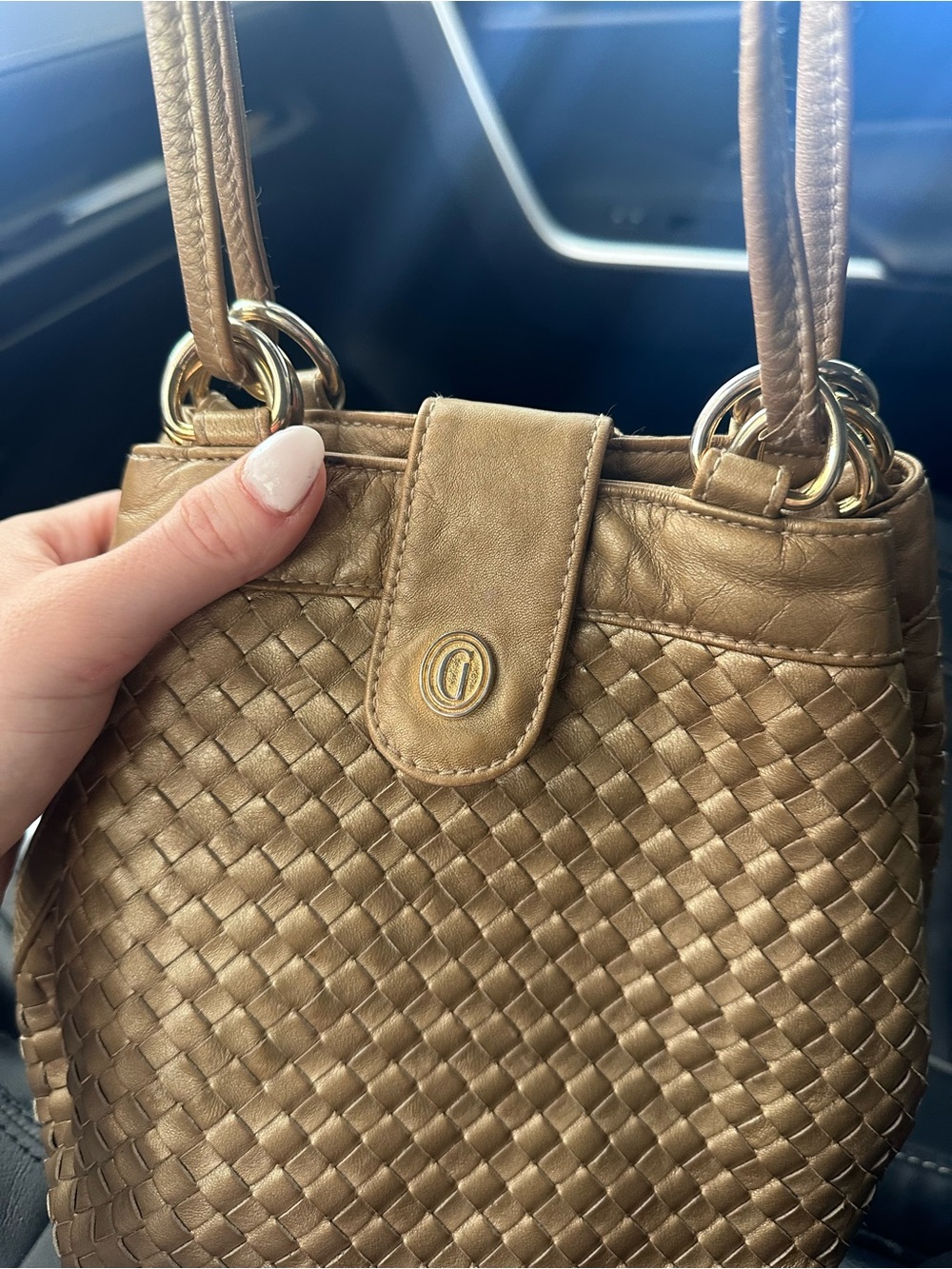 Woven Metallic Bronze Shoulder Bag with Gold Hardware